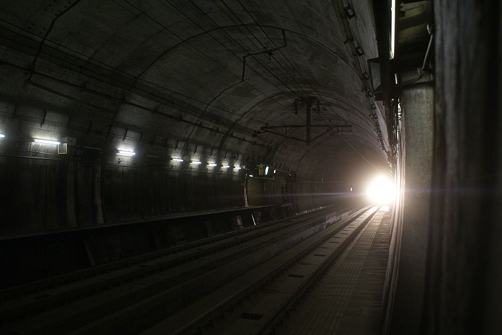 Oncoming train inside the Seikan tunnel in Japan